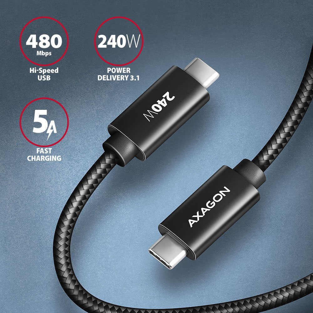 EAN 8595247907394 - Axagon BUCM2-CM10AB Ladekabel, USB-C zu USB-C 2.0, 1 m, PD 240 W 5 A, ALU - Schwarz - 1 Meter langes USB- imagen 2