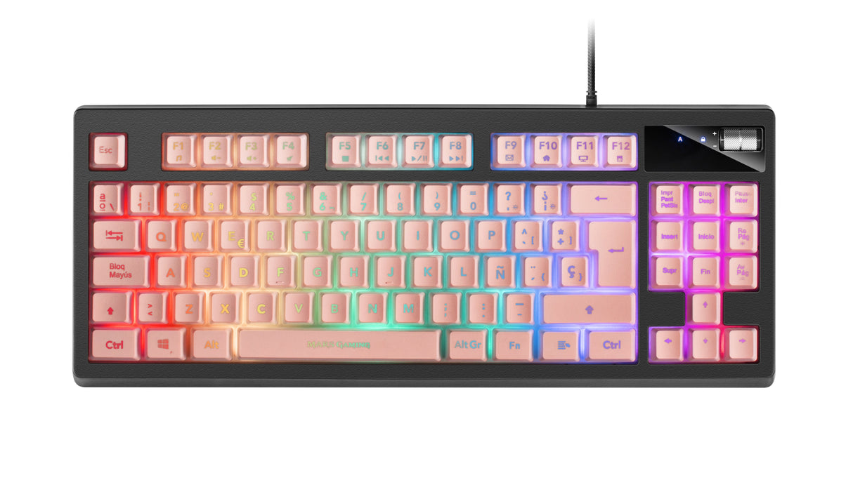 Teclado Mars Gaming Mkaxpes Pink Tecnología H-Mech Iluminación Rgb Control Reposamuñecas Gel Control Volumen Cable Usb 180cm