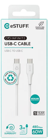 Infinite Usb-C To Usb-C Cable - 3m White. Recycled Plastic. - Super Soft - Warranty: 60m