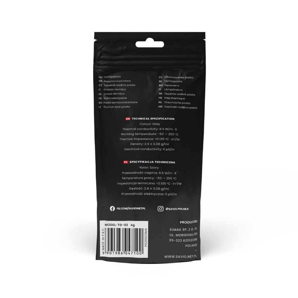 Pasta Termica Savio Tg-02 8,5 W/Mk 2 G