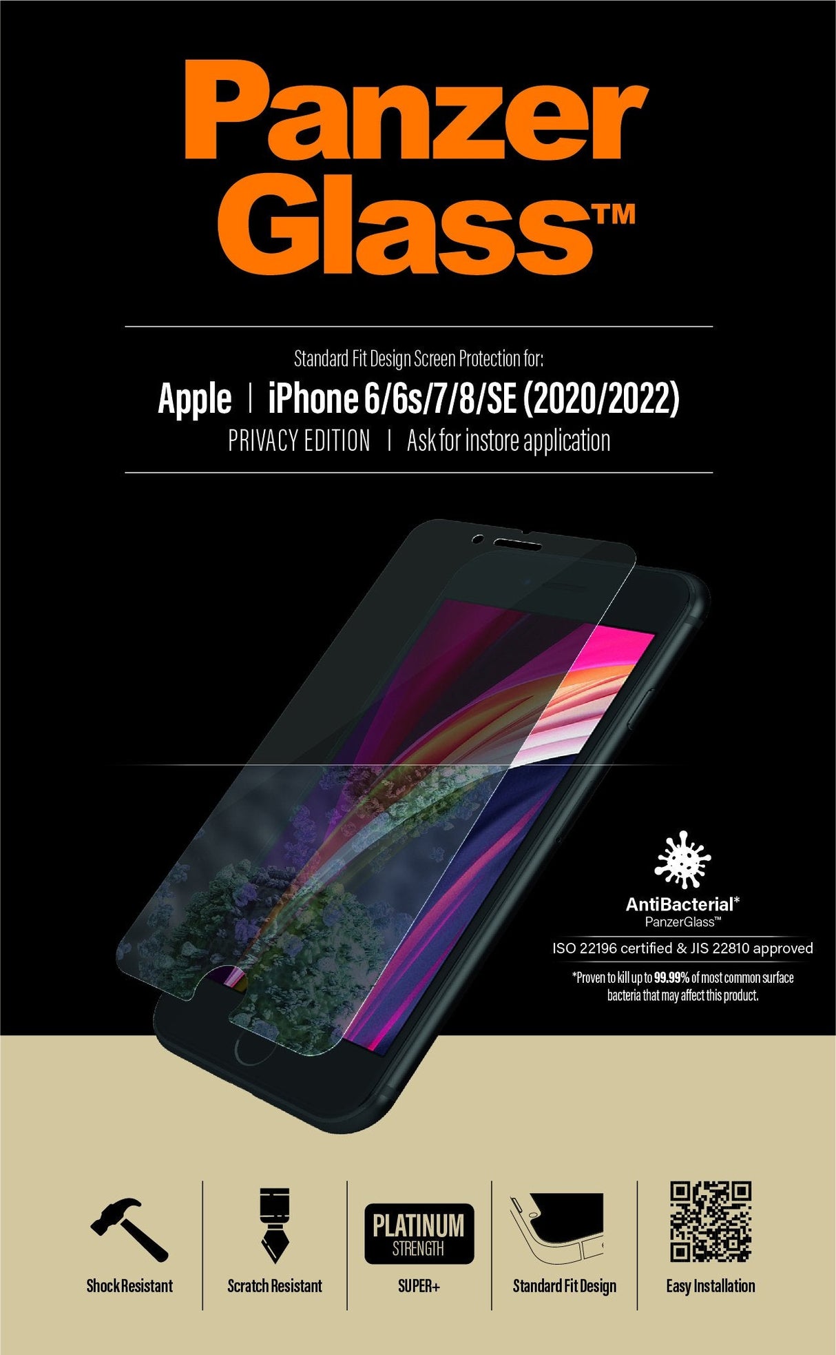 Protector De Pantalla Panzerglass P2684 Para Iphone 6/6s/7/8/Se (2020) Cristal Templado Bordes Redondeados Filtro Privacidad