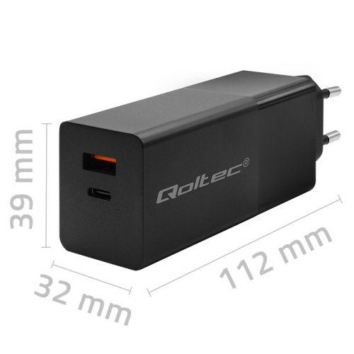 Qoltec 52382 Gan Power Pro Charger 1xusb Tipo C 1xusb A 100w 5-20v 1.5-5a Pd Black