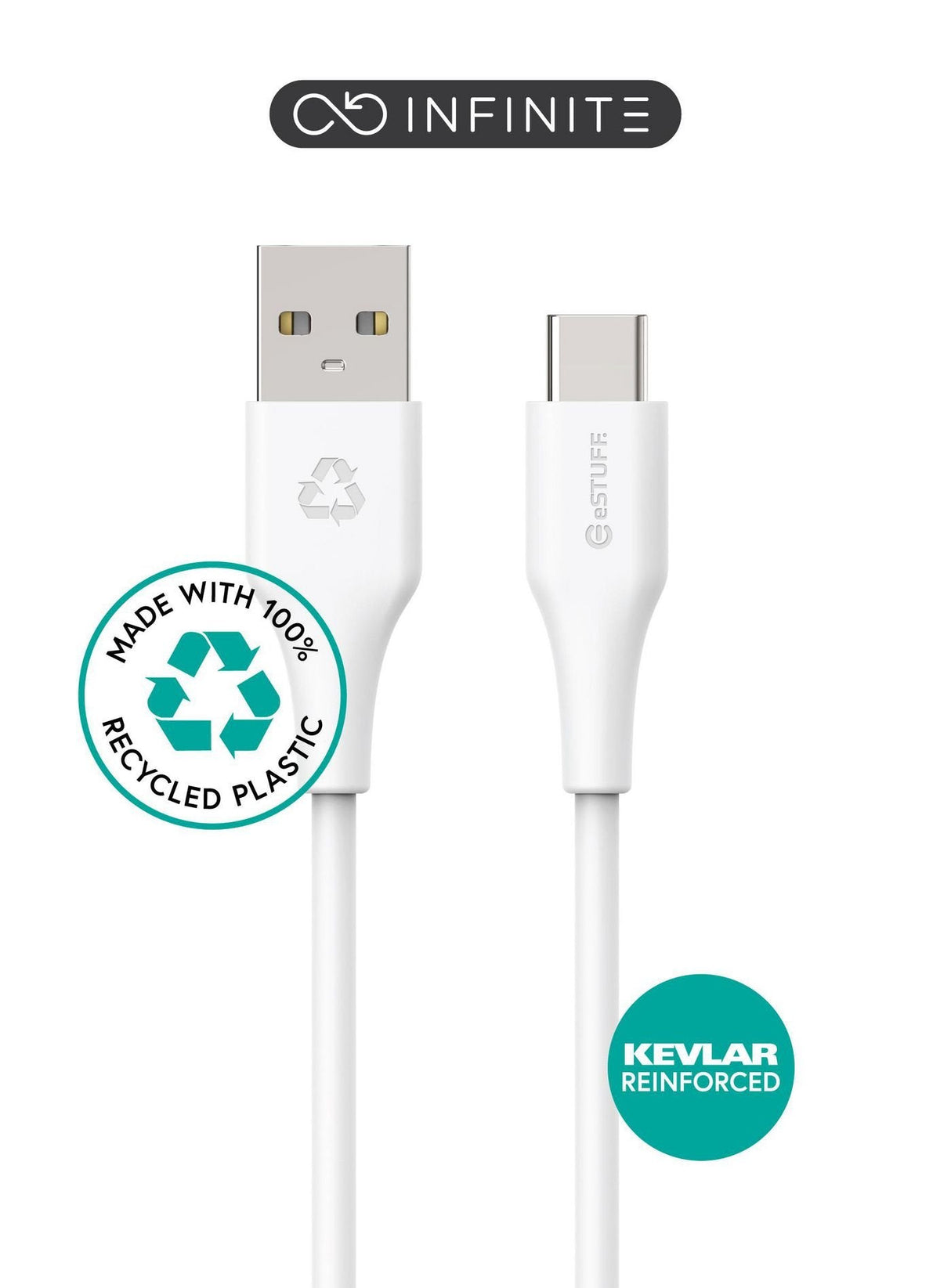 Infinite Usb-C To Usb-A Cable - 1m White. Recycled Plastic. - Super Soft - Warranty: 60m