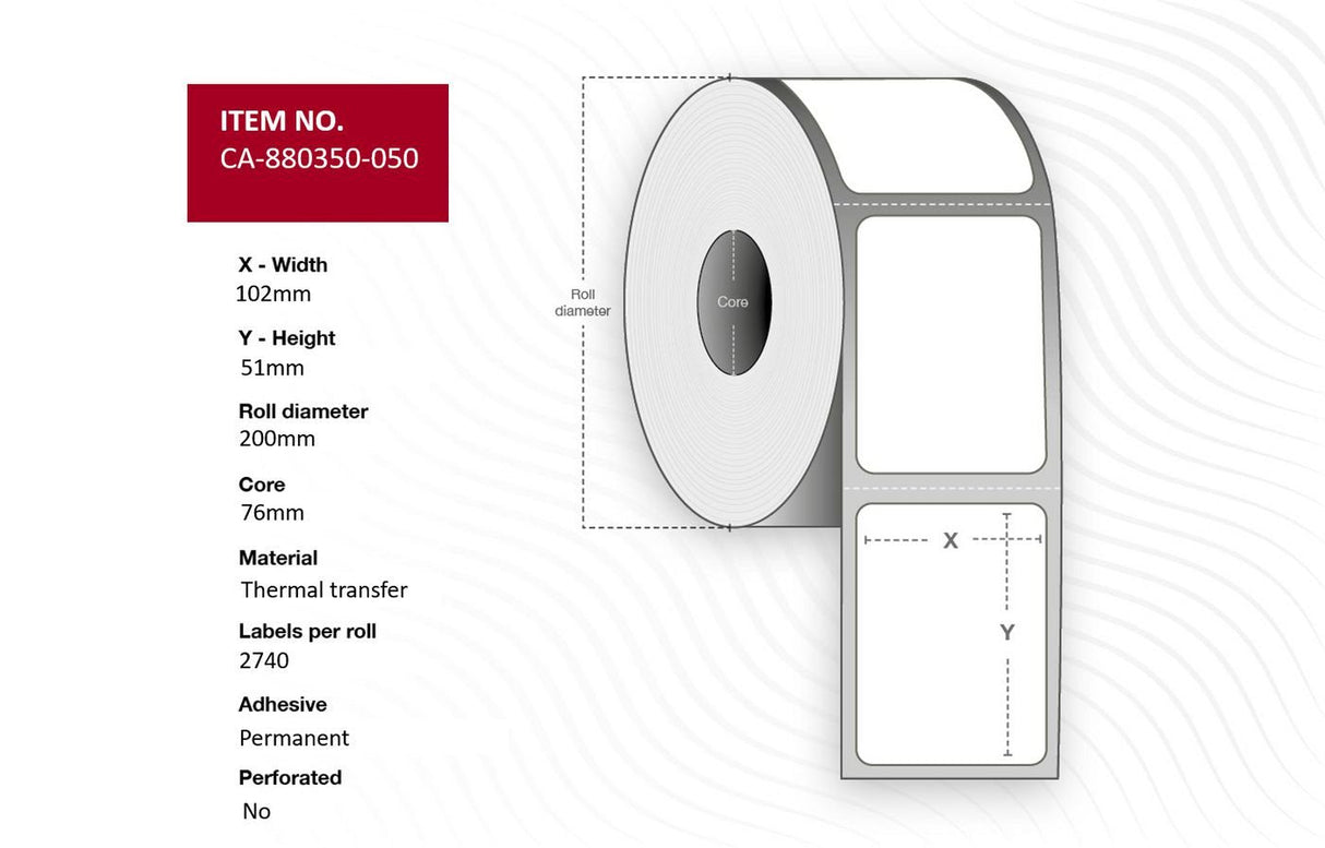 Label 102 X 51mm, Core 76mm,  Thermal Transfer, Polyester,