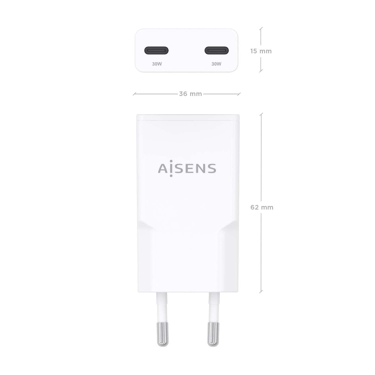 Aisens Cargador Gan Ultra Delgado 30w, 2xusb-C Pd3.0 Qc4.0, Blanco