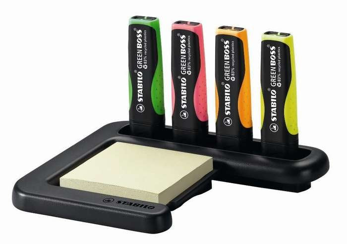 Stabilo Green Boss Set De Mesa De 4 Marcadores Fluorescentes 83% Plastico Reciclado + Bloc De Notas Adhesivas 100%