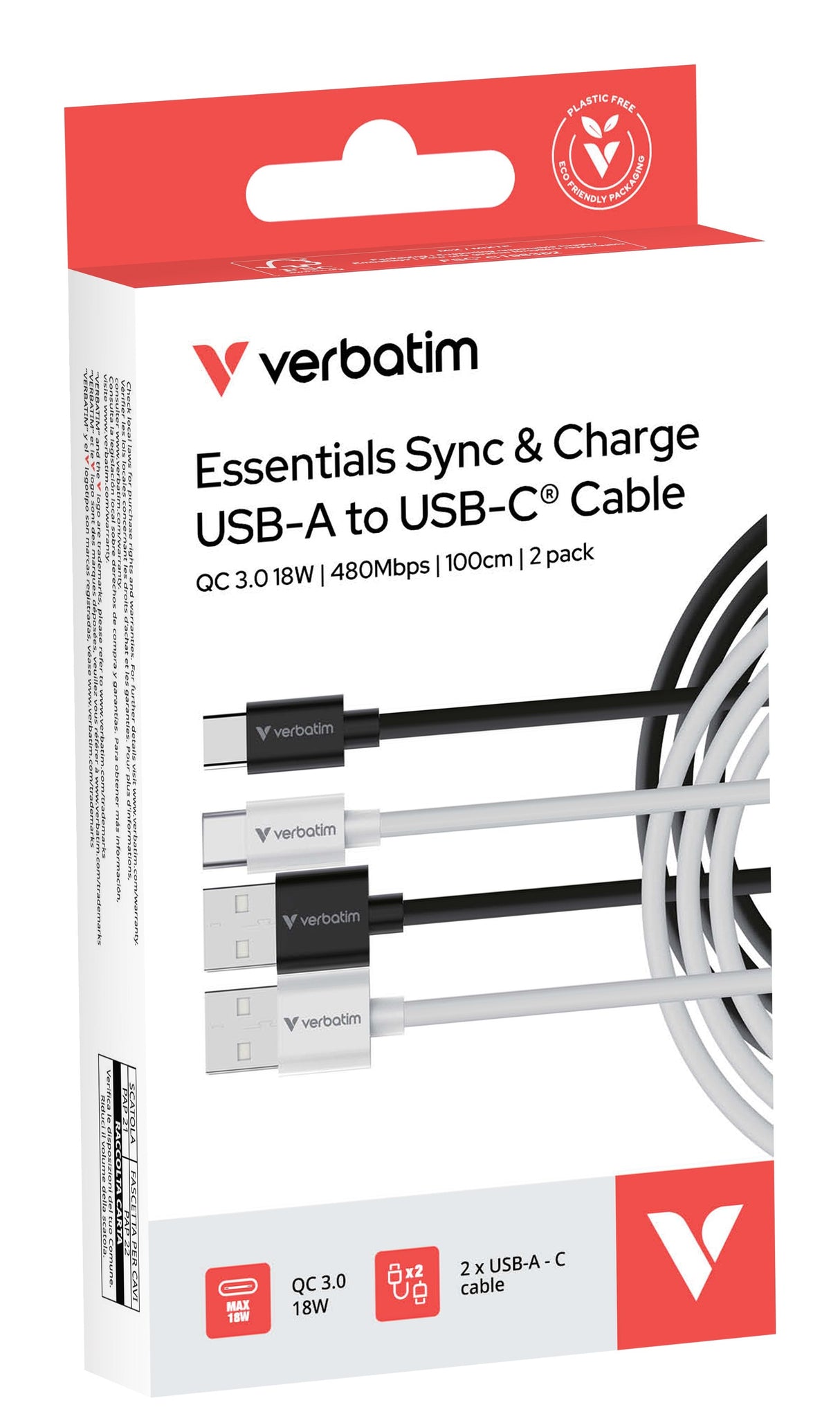 Verbatim Sync & Charge Usb-A To Usb-C 18w 100cm - 2 Pack