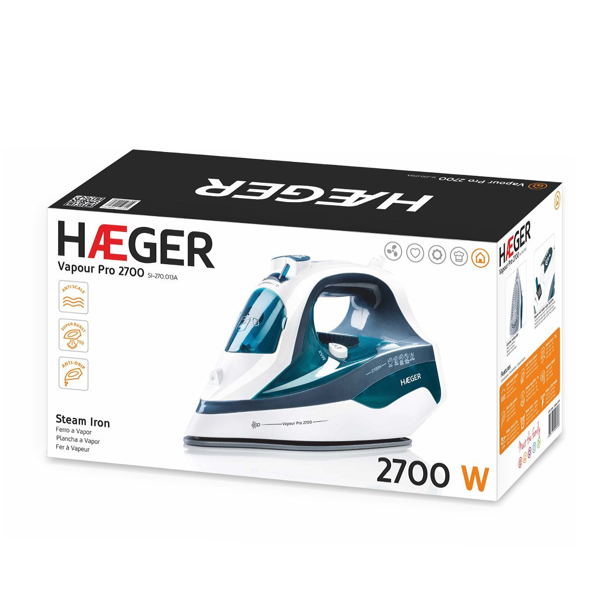 Plancha De Vapor Haeger Vapour Pro  2700w Regulador Vapor 75g Vapor Vertical Deposito Agua 400ml Suela Cerámica Anti-Cal Anti-Goteo