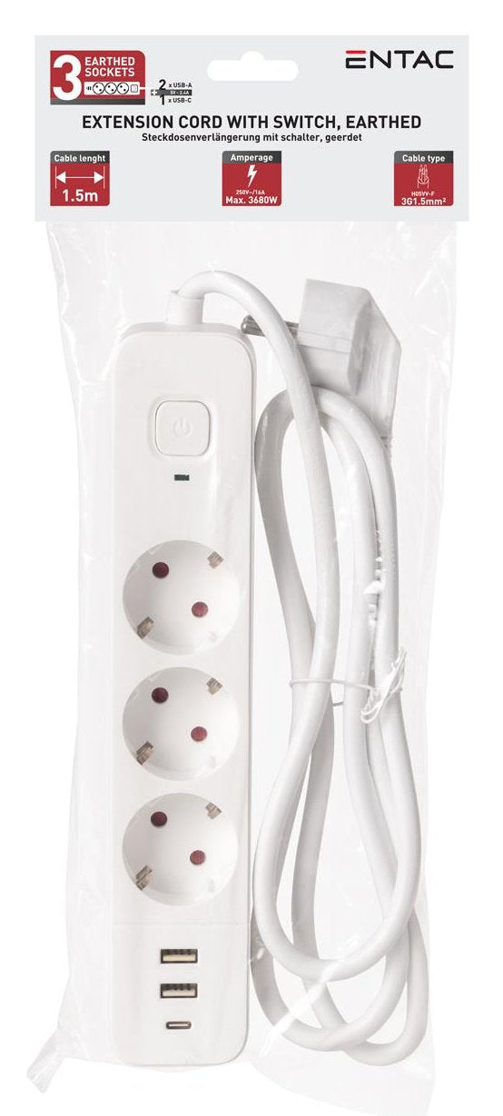 Entac Meckdosenleime 3fach 2x Usb-A & 1 Usb-C, 1,5m Blanco