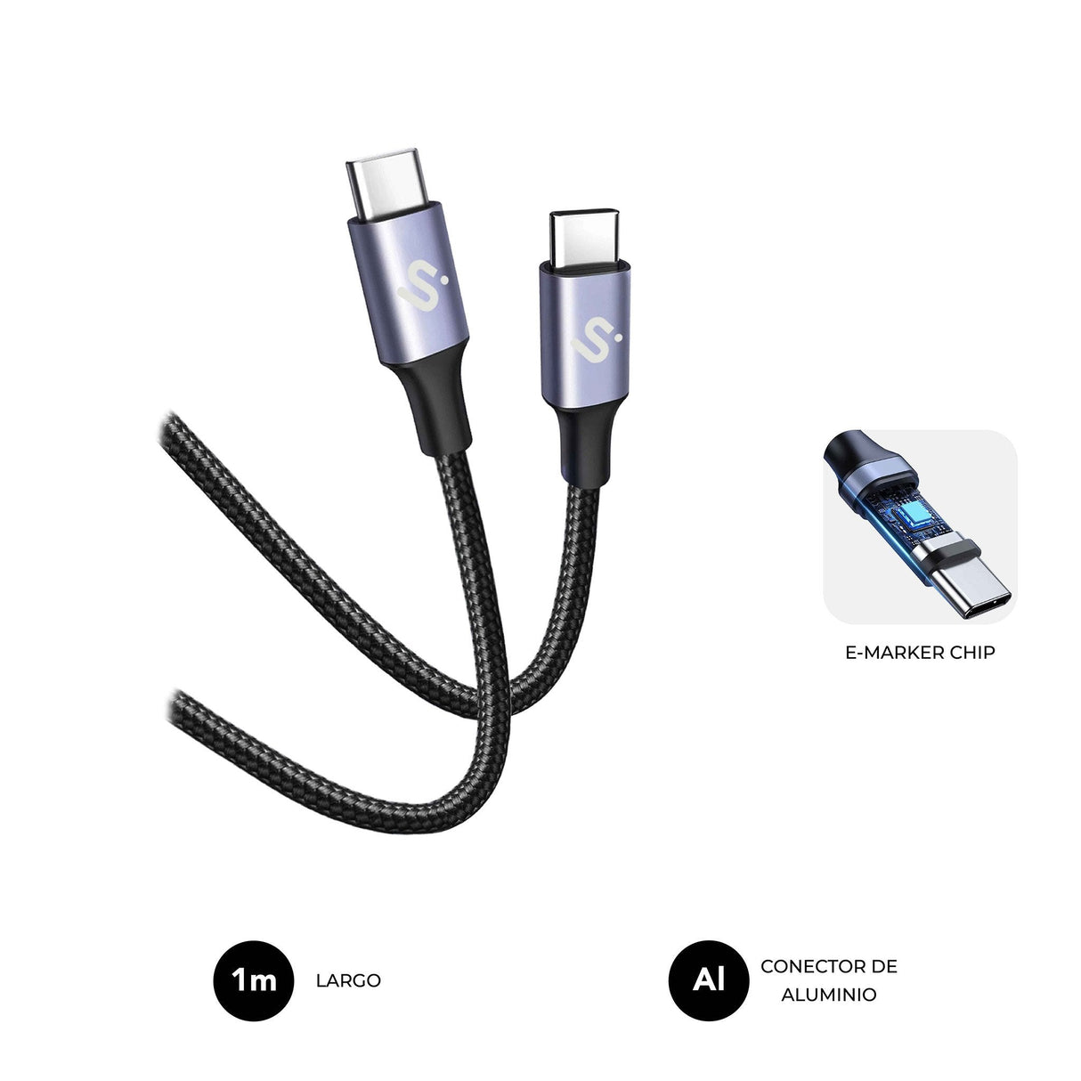 Cable Plus 100w Usb-C/Usb-C 1 M Negro Subblim 100w/ Longitud: 1m/  Usb-C &Harr; Usb-C/ Pd 3.0 Y Qc 3.0,