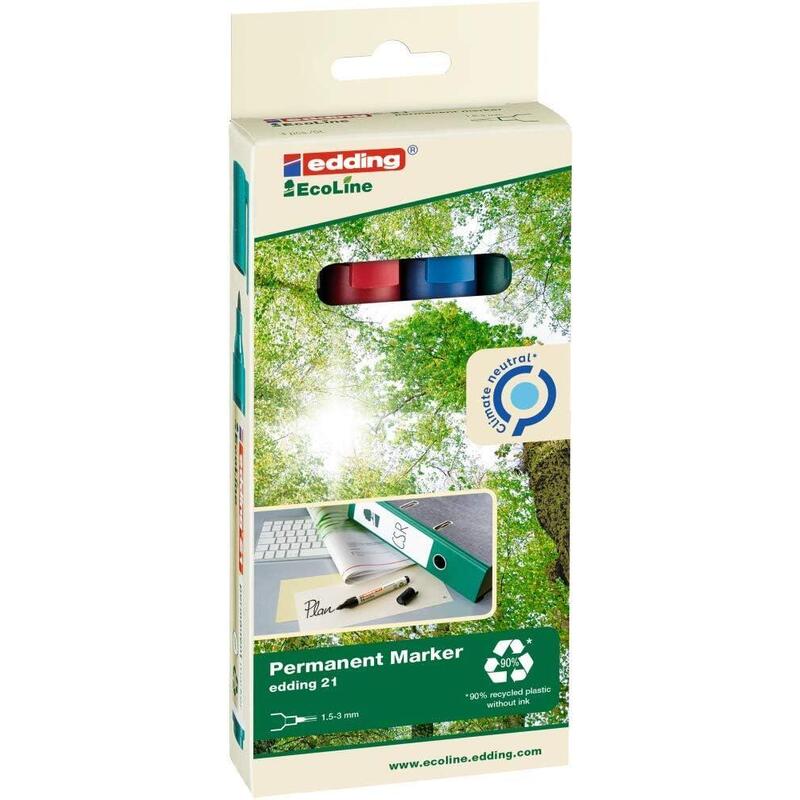 Edding 21 Ecoline Pack De 4 Rotuladores Permanentes - Punta Redonda - Trazo Entre 1.5 Y 3mm - 90% De Plastico Reciclado