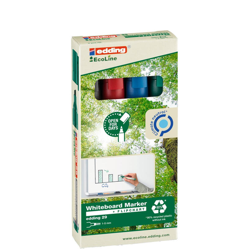 Edding 29 Ecoline Pack De 4 Rotuladores Para Pizarra Blanca - Punta Biselada - Trazo Entre 1-5mm - 90% De Plastico