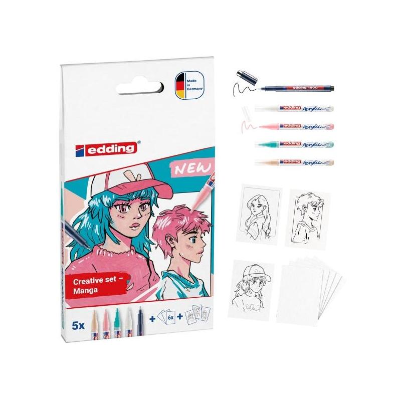 Edding Set Acrilico Manga Pack De 4 Rotuladores 5300 + 1 Rotulador 1800 + 6 Tarjetas En Blanco + 3 Plantillas + 1