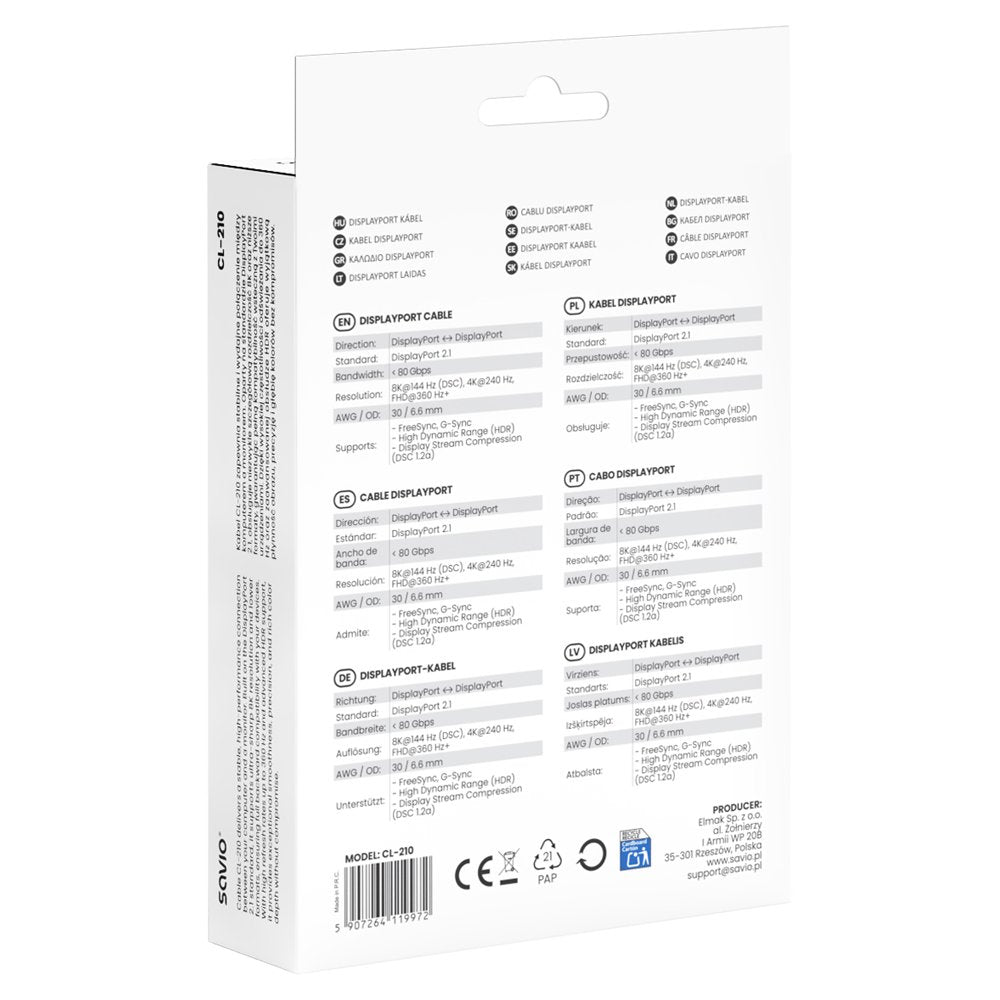 Cable  Savio Cl-210 Displayport 2 M Negro