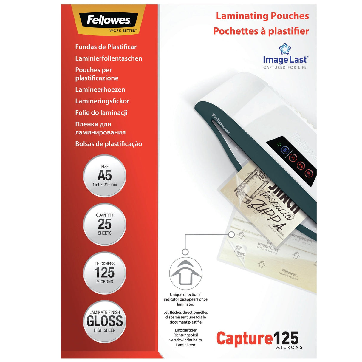 Fellowes Pack De 25 Fundas Para Plastificar Brillo A5 - 125 Micras - Alta Calidad - Transparente