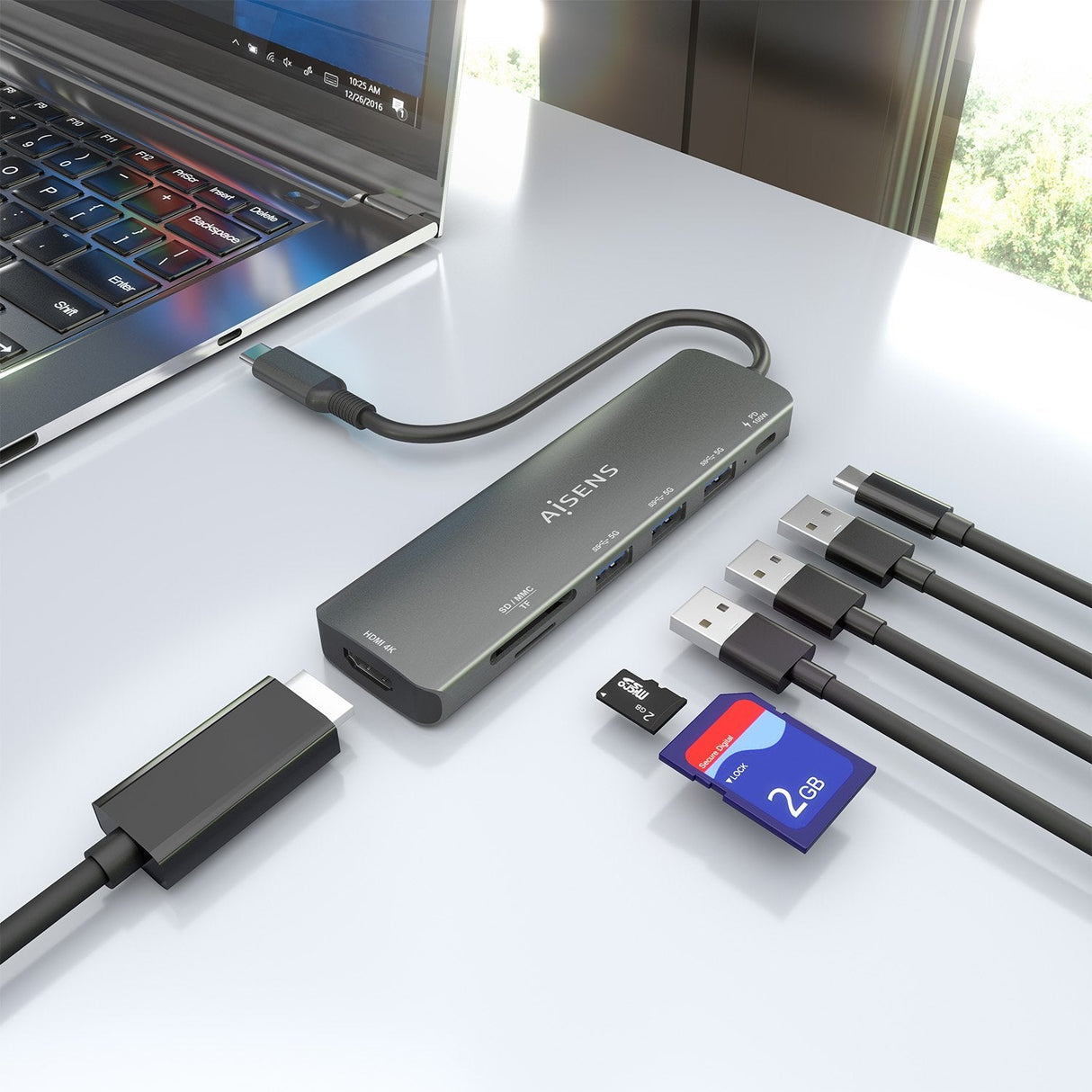 Aisens Usb-C Dock 7 En 1, Usb-C A 1xhdmi, 3xusb-A, 1xusb-C Pd 100w, 1xsd, 1xmicro Sd, Gris, 15cm
