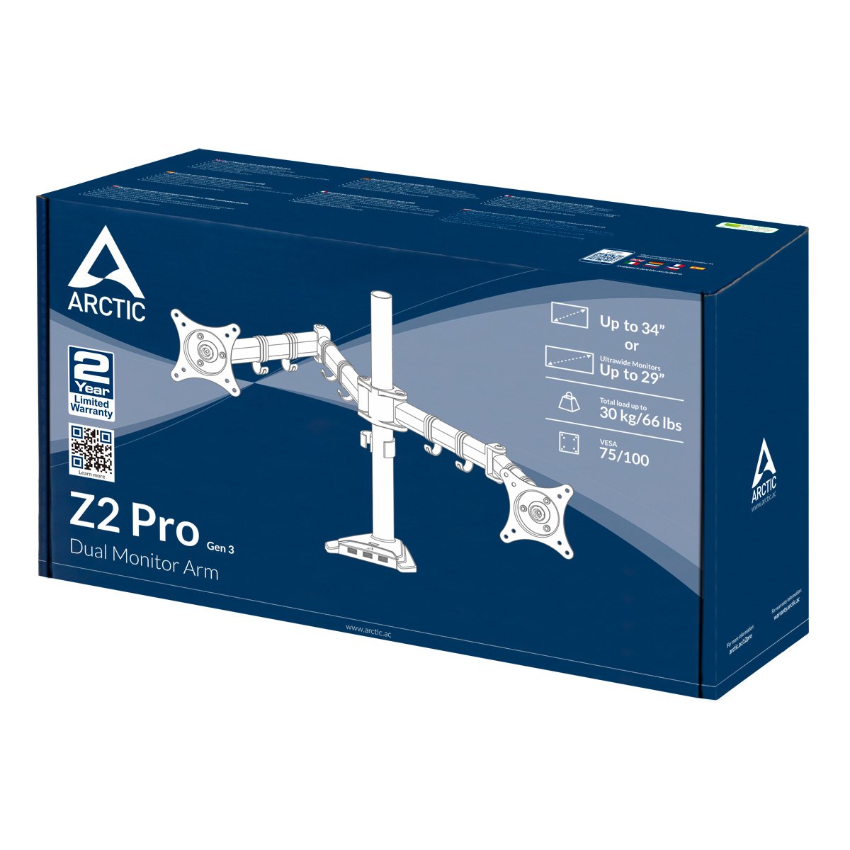 Arctic / Soporte Brazo Doble / Negro / Aemnt00050a Arctic Z2 Pro (Gen 3), 15 Kg, 86,4 Cm (34"), 75 X 75 Mm, 100 X 100 Mm, Ajustes De Altura, Negro