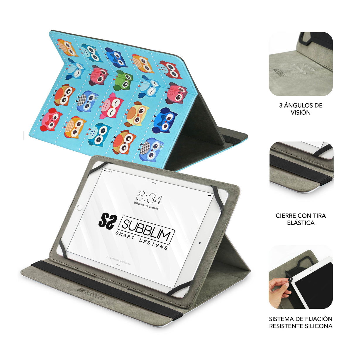 Funda Universal Subblim Trendy Owls Para Tablet Hasta 10.1'/25.6cm Exterior Símil Piel Interior Aterciopelado Cierre Banda
