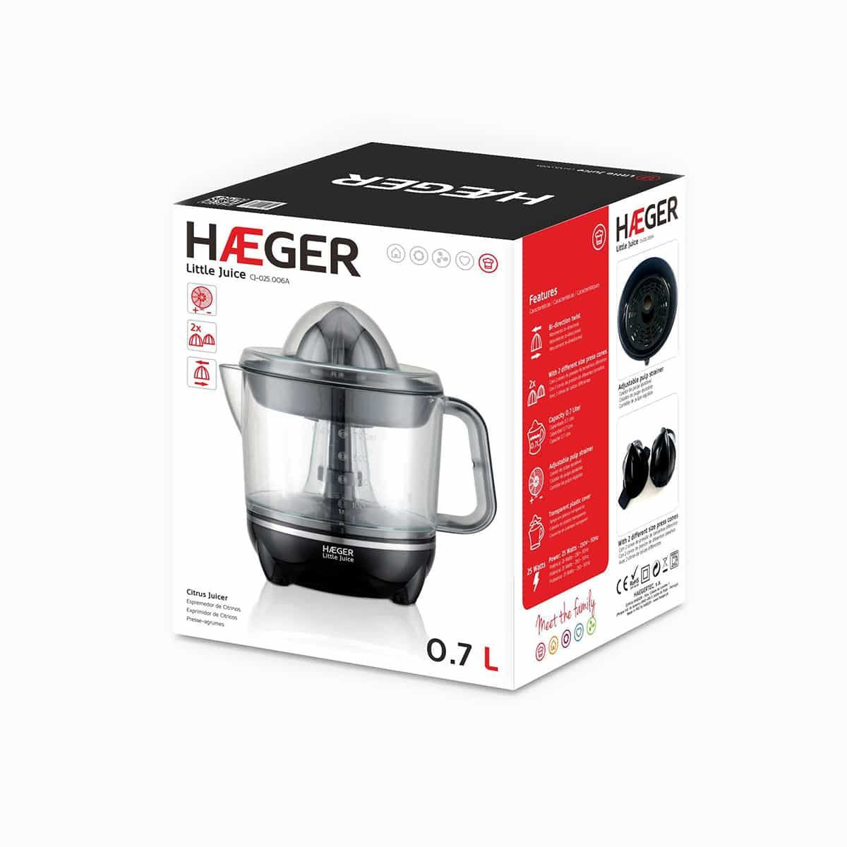 Exprimidor Haeger Little Juice Movimiento Bidireccional 2 Conos Capacidad 0.7l