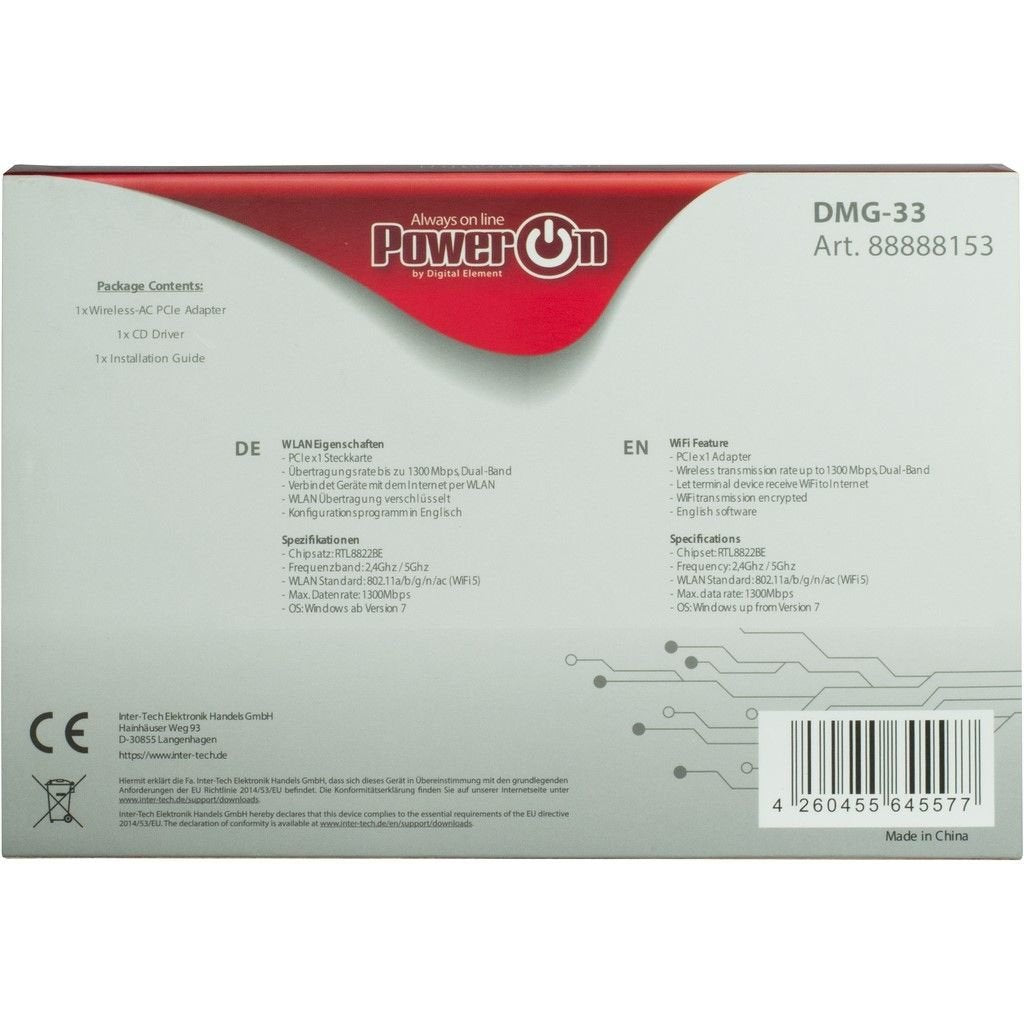 Inter-Tech Wi-Fi 5 Pcie Dmg-33 3dbi Antena 1300mbps Retail