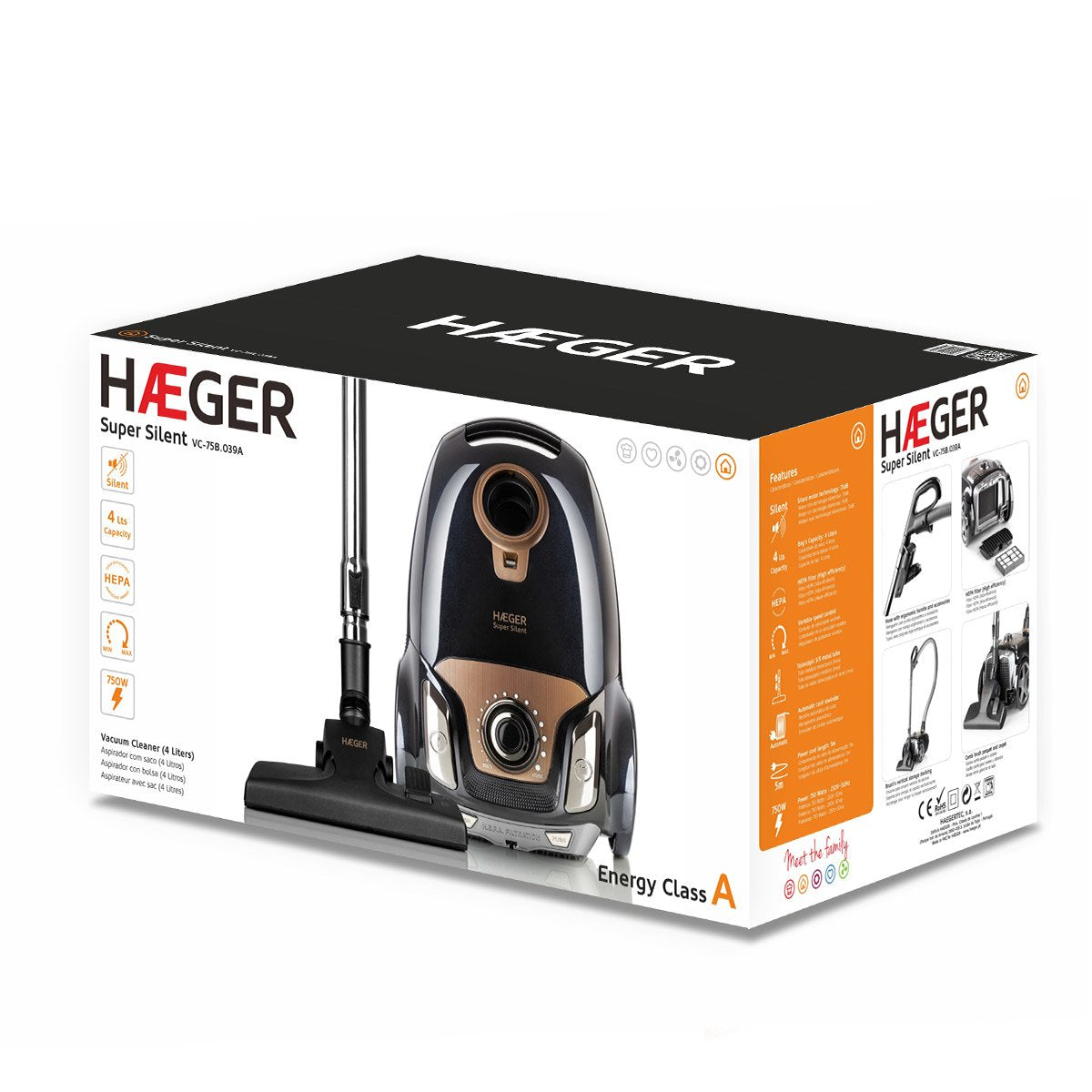 EAN 5608475015403 - Haeger VC-75B.039A aspiradora 4 L Aspiradora cilíndrica Secar 750 W Bolsa para el polvo imagen 4