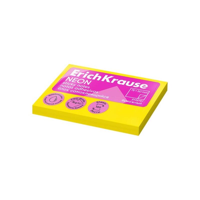 Erichkrause Bloc De 100 Notas Adhesivas 50x75mm - Removibles - Amarillo Neon
