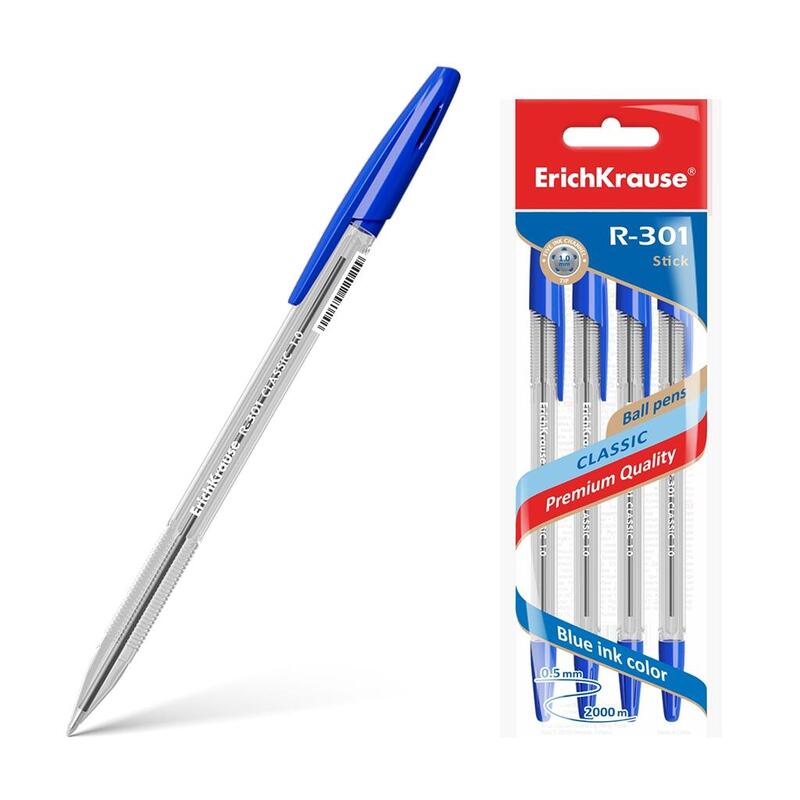 Erichkrause Pack De 4 Boligrafos R-301 Classic Stick 1.0 - Cuerpo Transparente Hexagonal - Punta De 1.0mm - Tinta De Secado Rapido - Color Azul