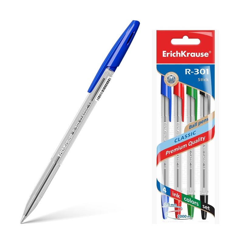 Erichkrause Pack De 4 Boligrafos R-301 Classic Stick 1.0 - Cuerpo Transparente Hexagonal - Punta De 1.0mm - Tinta De Secado Rapido - Color Azul
