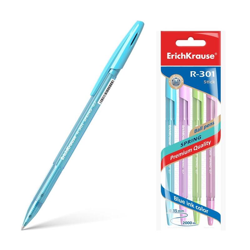 Erichkrause Pack De 4 Boligrafos R-301 Spring Stick 0.7 - Cuerpo Hexagonal Translucido - Tinta De Secado Rapido - Color Azul