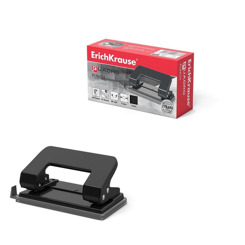 Erichkrause Perforadora Quadro - Perfora Hasta 10 Hojas - Cuerpo Y Mecanismo De Acero - Garantia De 2 Años - Color Negro