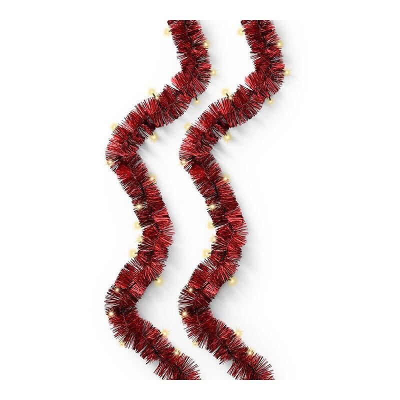 Espumillón Rojo Con Guirnalda Led Intermitente, Uso Exterior, 8 Funciones, Oro Suave, Cable Verde, 180 Leds, 9 M