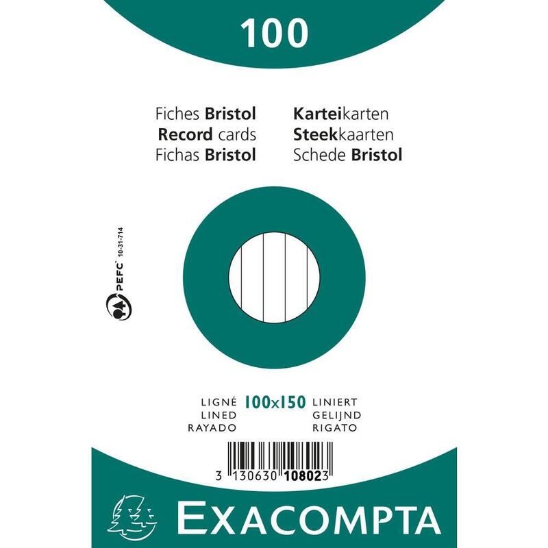 Exacompta Paquete 100 Fichas Cartulina Bristol Retractil Linea Horizontal Sin Taladro 100x150mm Blanco