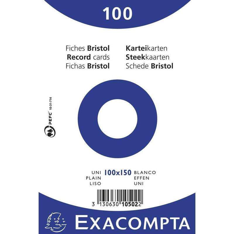 Exacompta Paquete 100 Fichas Cartulina Bristol Retractil Liso Sin Taladro 100x150mm Blanco