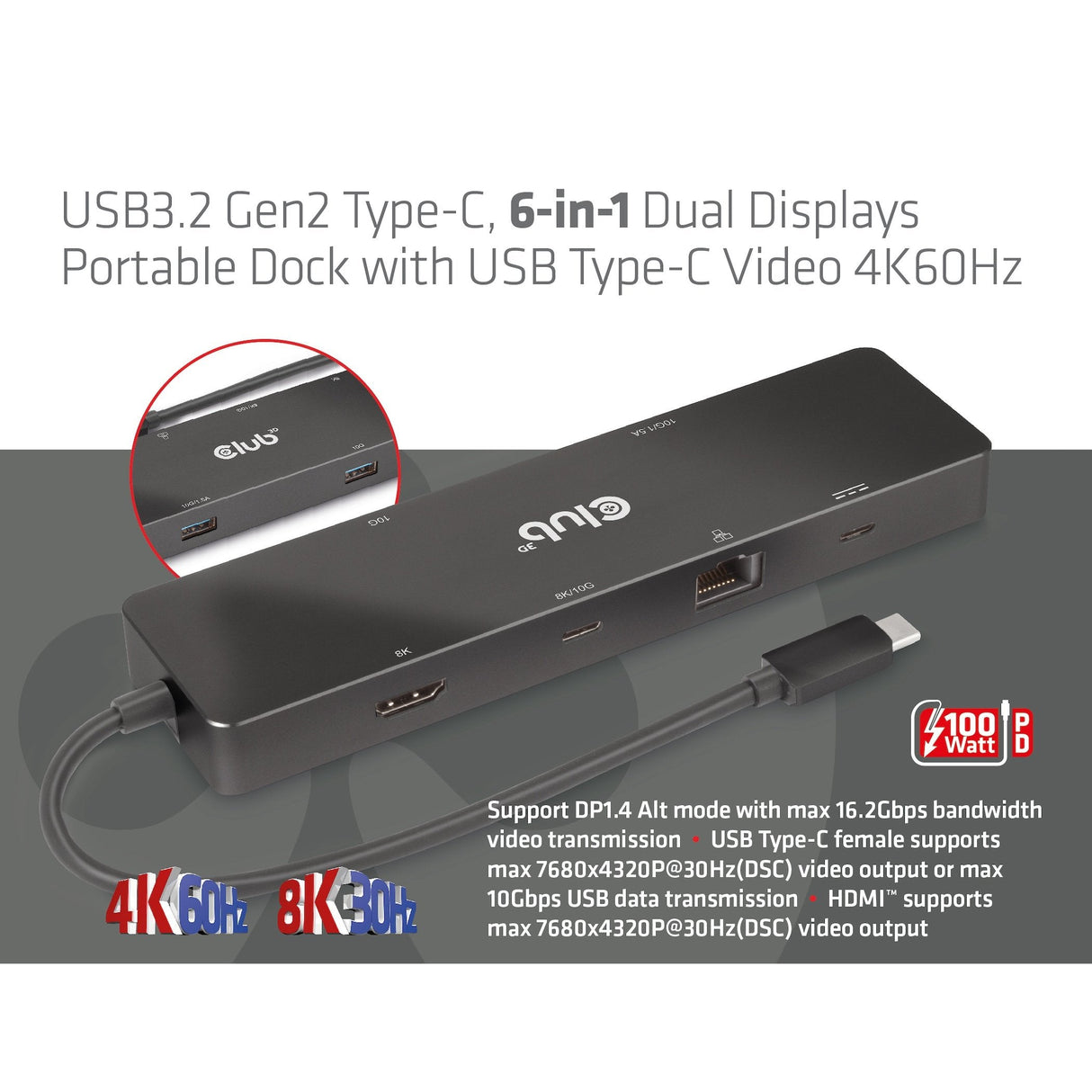 Club3d Usb-C Dock > Hdmi Usb-C 8k 2xusb Usb-C Pd100w Rj45 Retail