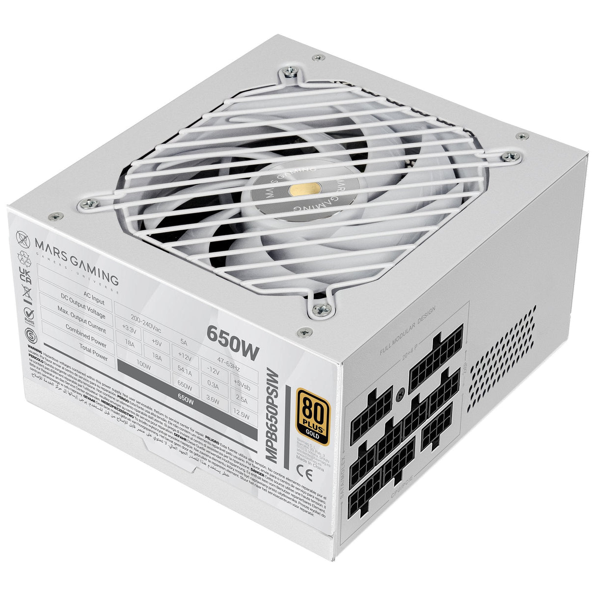 Fuente Modular Mars Gaming 650w Mpb650psi Atx3.1 80+Gold Pfc Activo Pcie5.1 12v-2x6 Dc-Dc Smd Blanco