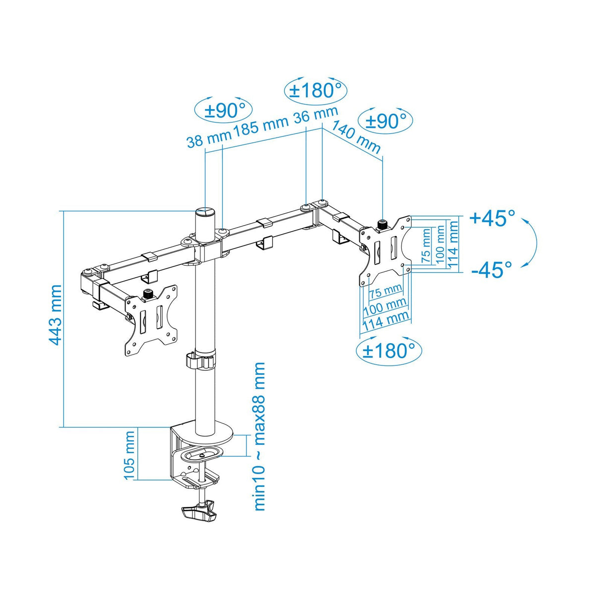 Tooq Soporte De Mesa Con Brazos Articulados Para 2 Monitores De 13"-32" - Giratorio E Inclinable - Gestion De Cables -