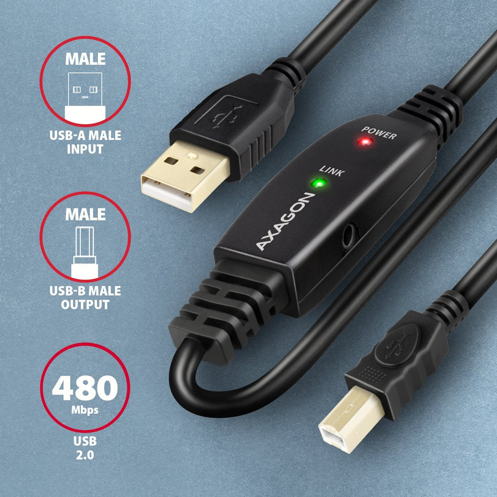 Axagon Adr-215b Aktives Usb 2.0 Verbindungscable, Usb-A Auf Usb-B - 20m