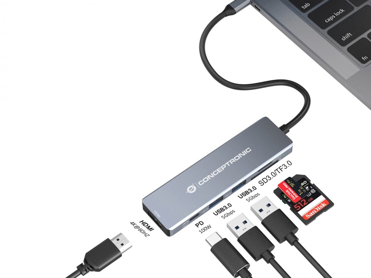 Conceptronic Dock Usb-C->Hdmi,2xusb3.0,Sd,100w Pd 0.12m Gr