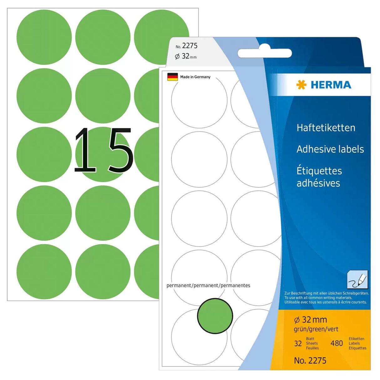 Herma Adhesive Labels Green 32mm 32 Sheets 111x170 480 Pcs. 2275 Etiquetas
