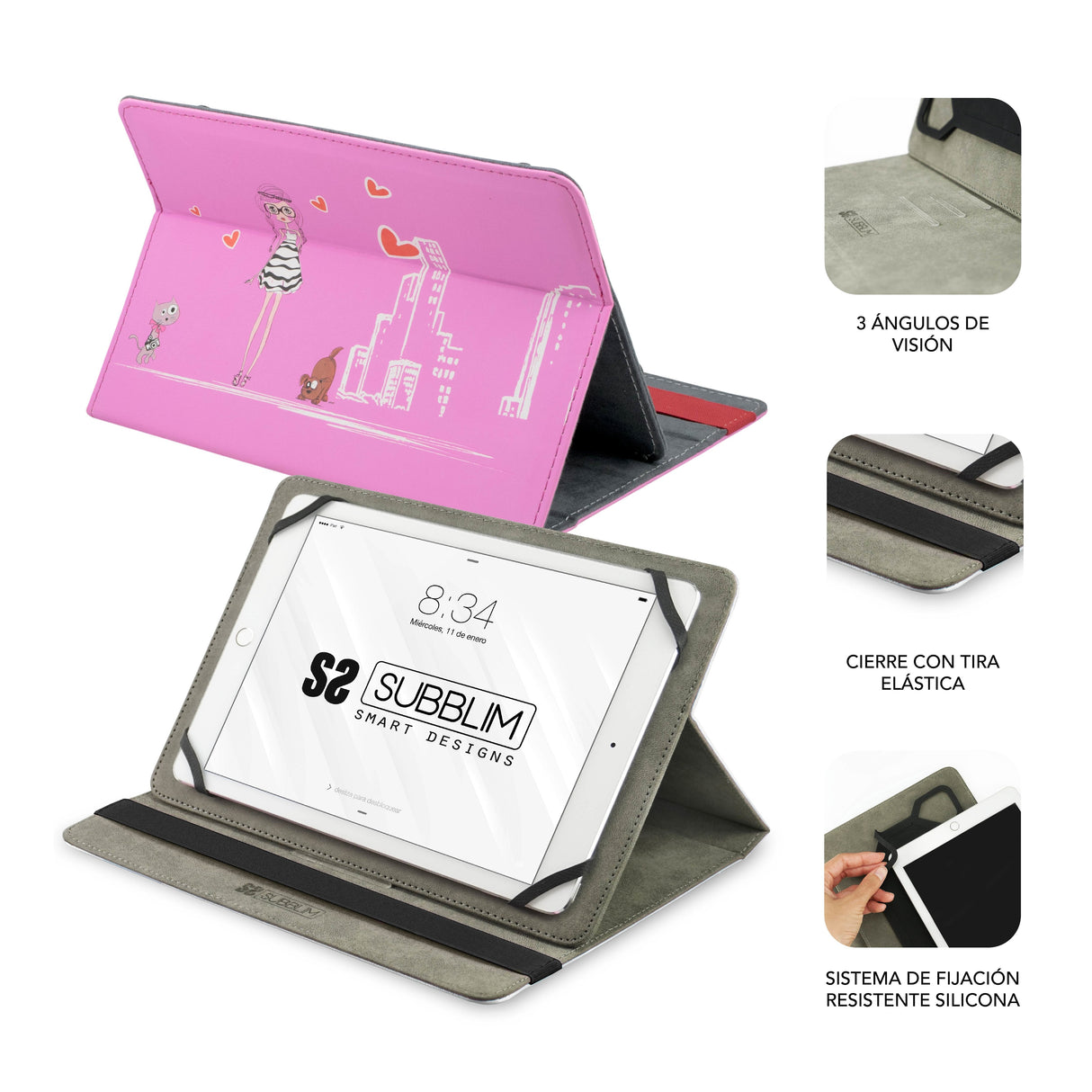 Funda Universal Subblim Trendy Fashion Girls Para Tablet Hasta 10.1'/25.6cm Exterior Símil Piel Interior Aterciopelado