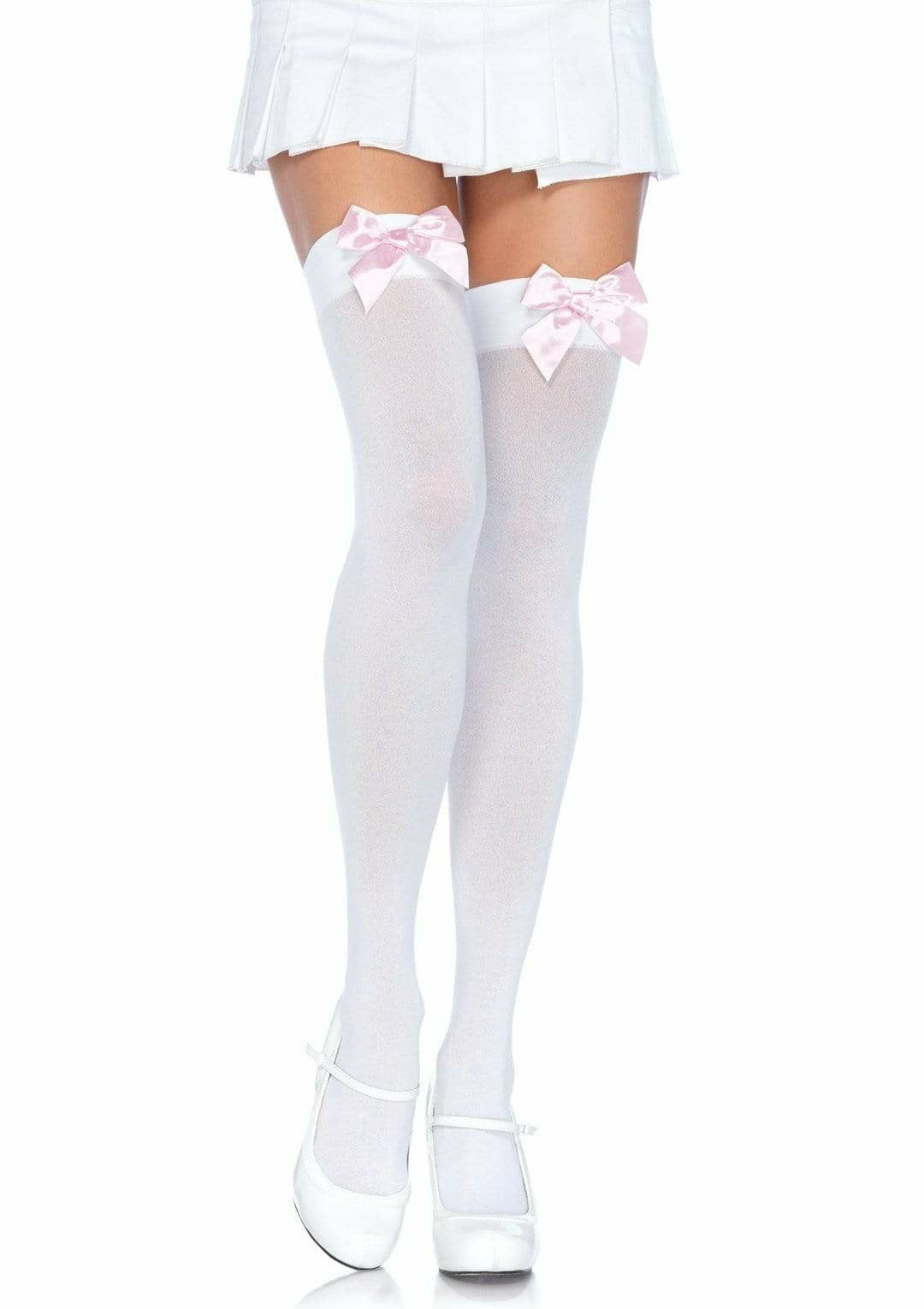 Leg Avenue - Medias Nylon Blanco Y Lazo Rosa