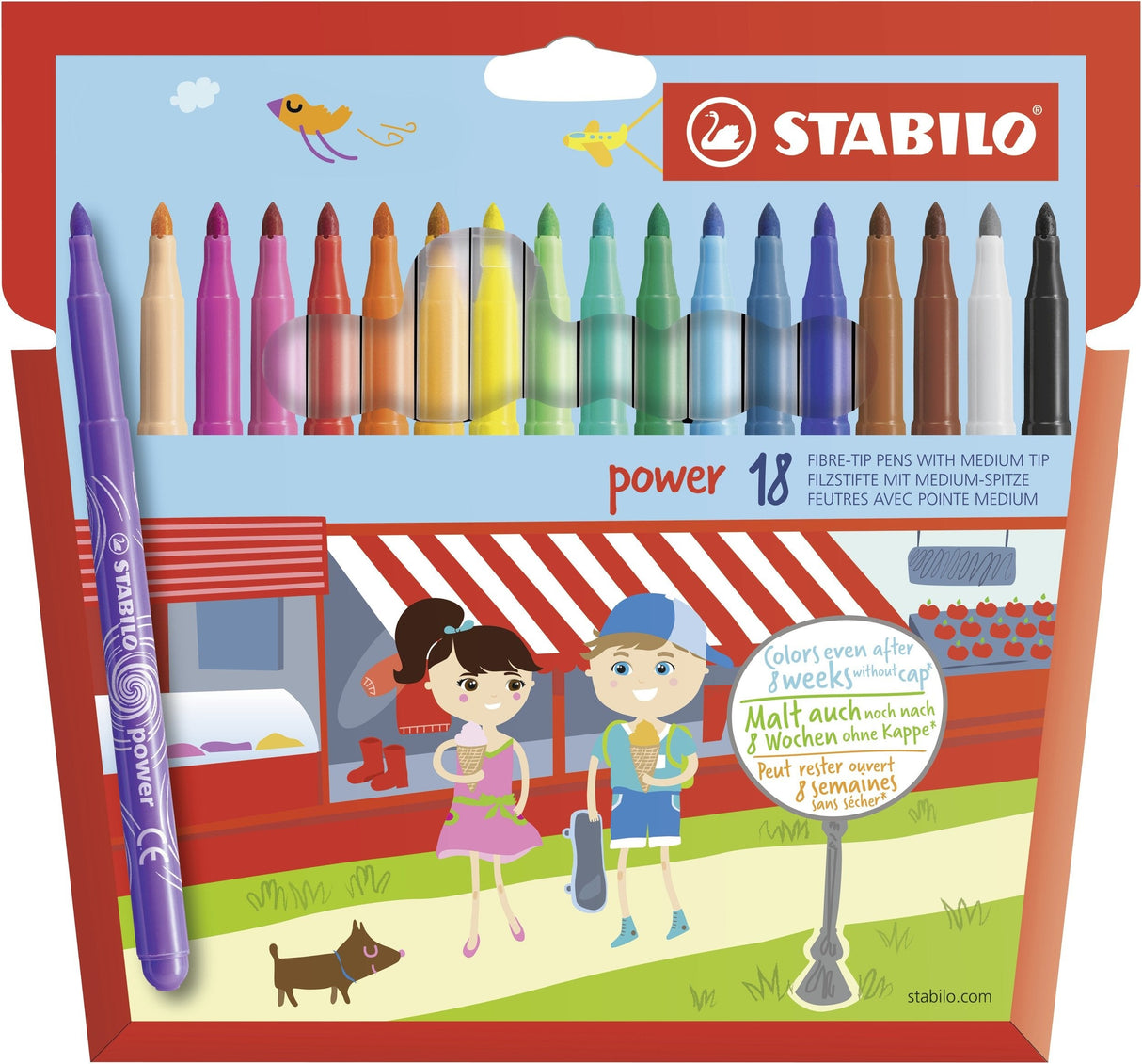 Stabilo Power Pack De 18 Rotuladores De Colores - Punta Media De 2mm - Tinta Lavable - Capuchon Ventilado - Colores Surtidos