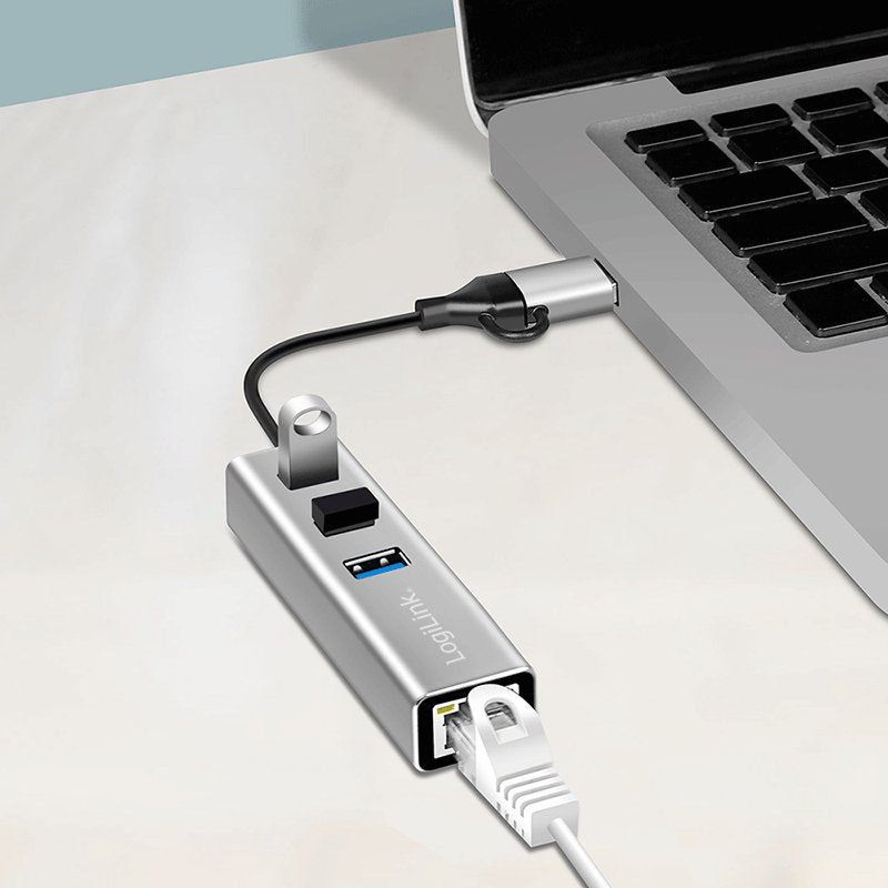 Hub Usb 3.2 Gen 1, 3 Puertos Usb-A, 1 Puerto Rj45, Cable De Conexión 2 En 1, Plateado