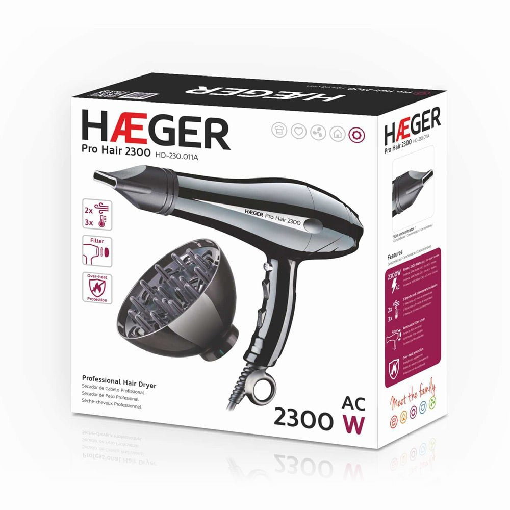 Secador De Pelo Haeger Pro Hair 2300 2300w 2 Velocidades 3 Temperaturas Protección Sobrecalentamiento Concentrador Y Difusor Grandes