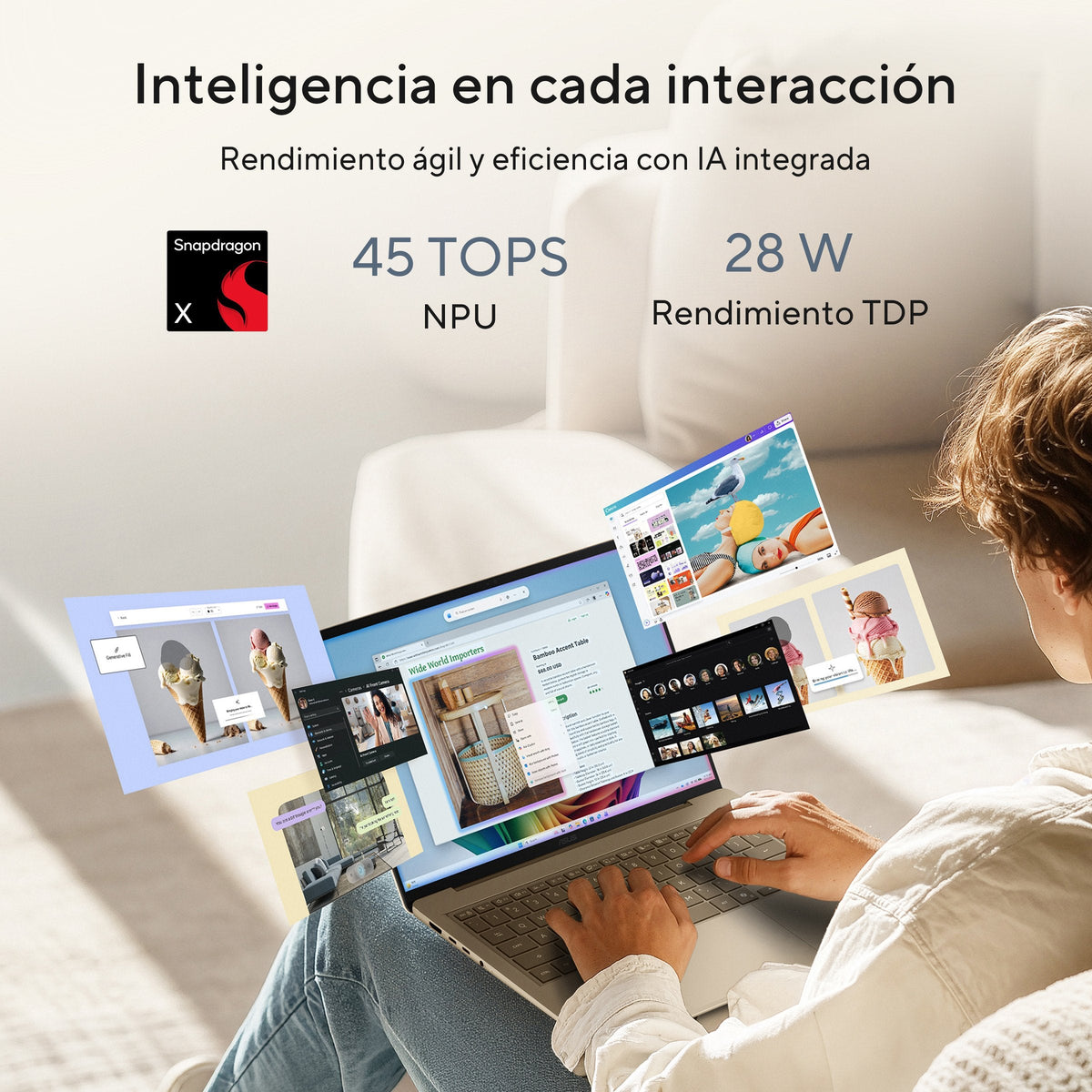 Portátil Asus Zenbook 14 Oled Ux3480qa U1090w Copilot+ Pc 14 " Wuxga Snapdragon X X1 26 100 45 Tops 16gb 256gb Ssd W11h Sin Cargador