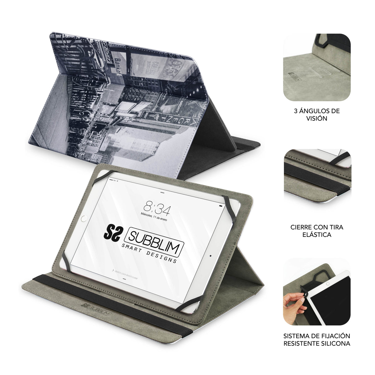 Funda Universal Subblim Trendy Ny Taxi Para Tablet Hasta 10.1'/25.6cm Rotación 360º Exterior Símil Piel Interior Aterciopelado Cierre Banda