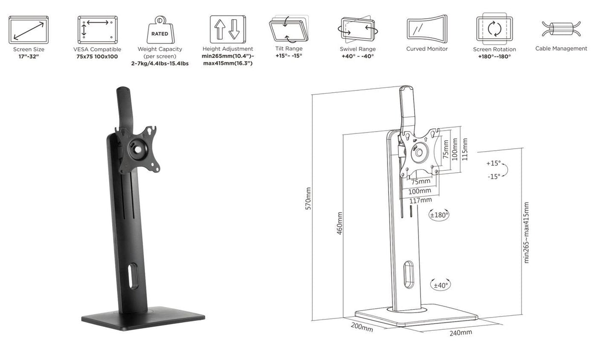 Ergonomic Monitor Desk Stand  Vesa 100x100, Screen Size