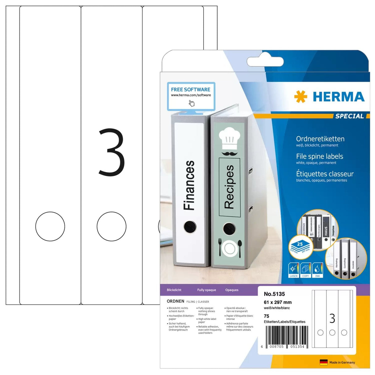 Carpeta Herma Etiquetas A4 Blanco 61x297 Mm Papel Opaco 75 Piezas.