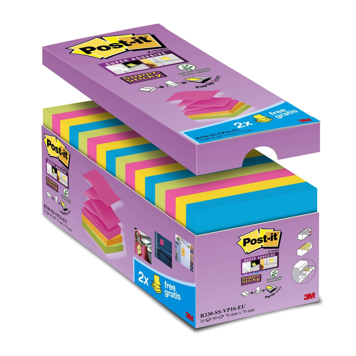 EAN 51141401508 - Post-It 7100234249 nota autoadhesiva Plaza Azul, Verde, Rosa, Amarillo 90 hojas Autoadhesivo imagen 1