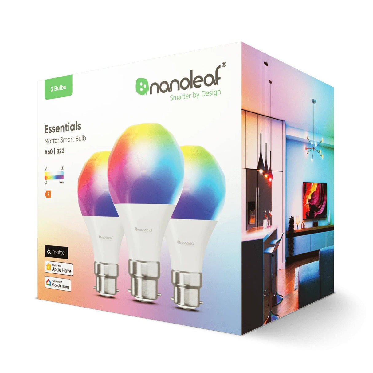 Nanoleaf Essentials Smart A60 Bulb B22 Matter 9w 806lm Rgbcw 2700-6500k, 3pcs Pack